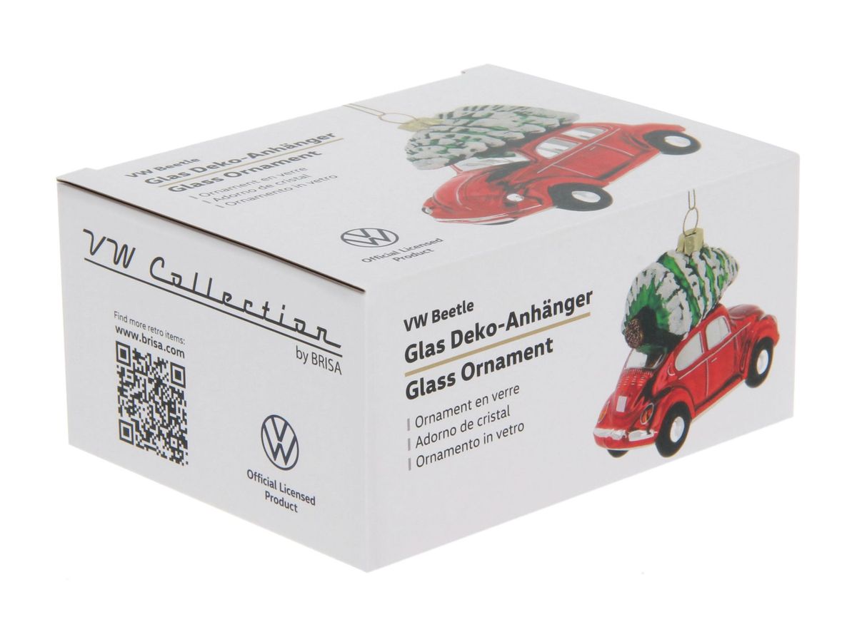 Volkswagen VW Beetle Glass Decoration / Christmas Ornament in Gift Box - Red with Tree