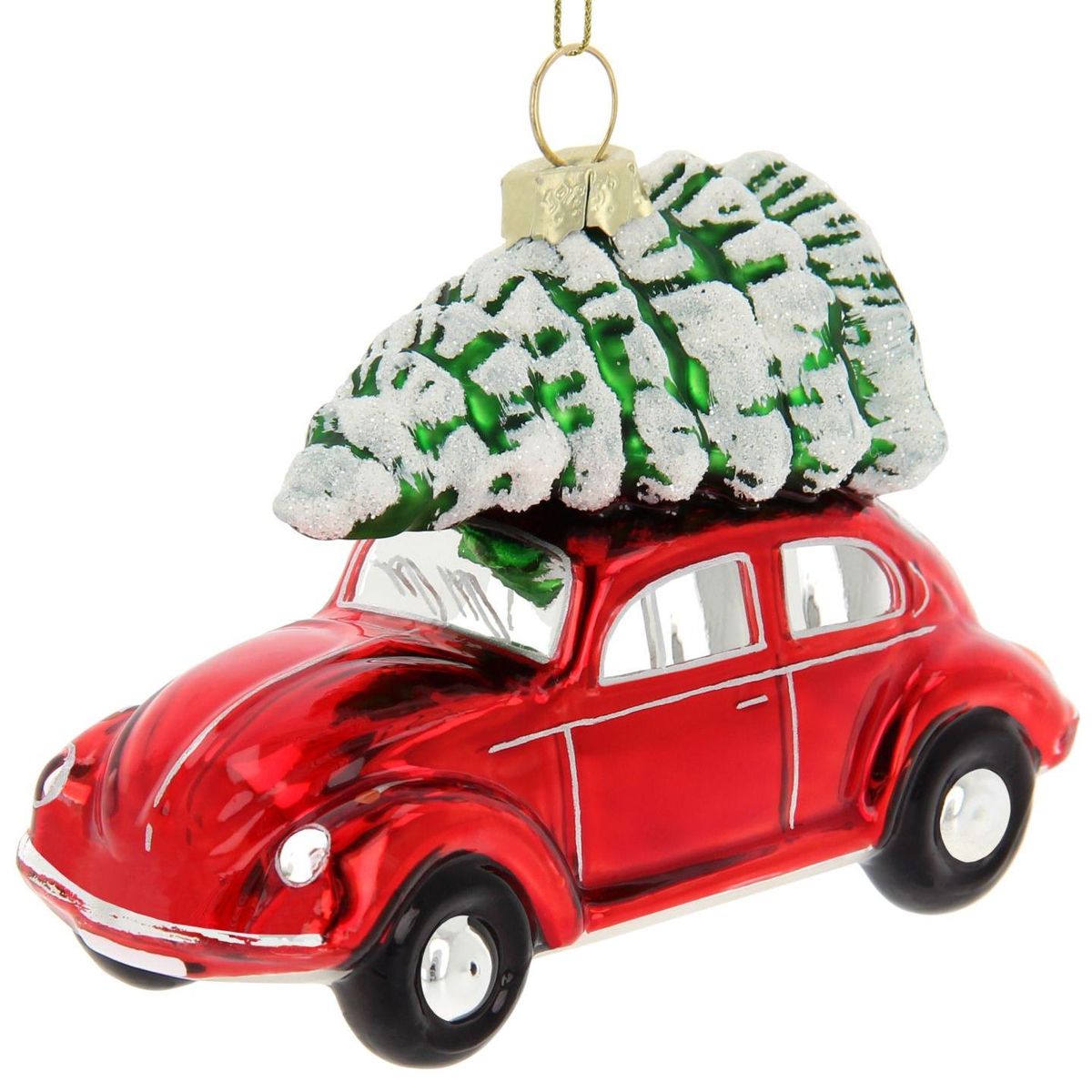 Volkswagen VW Beetle Glass Decoration / Christmas Ornament in Gift Box - Red with Tree
