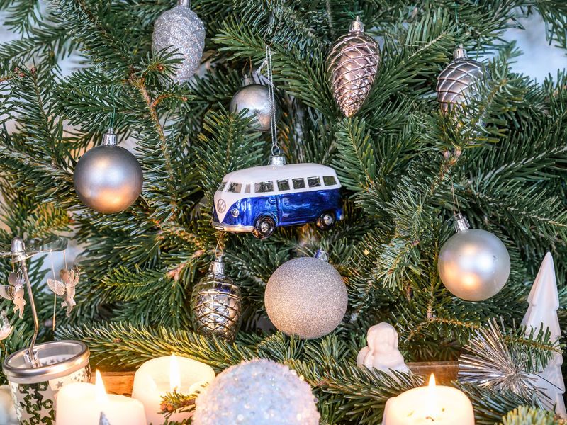VW T1 Bulli Bus decorative pendant & glass Christmas ornament in gift box-Blue